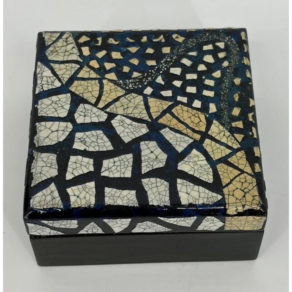 Faux Mosaic Enamel Trinket Box with Interior Mirror Velvet Lining